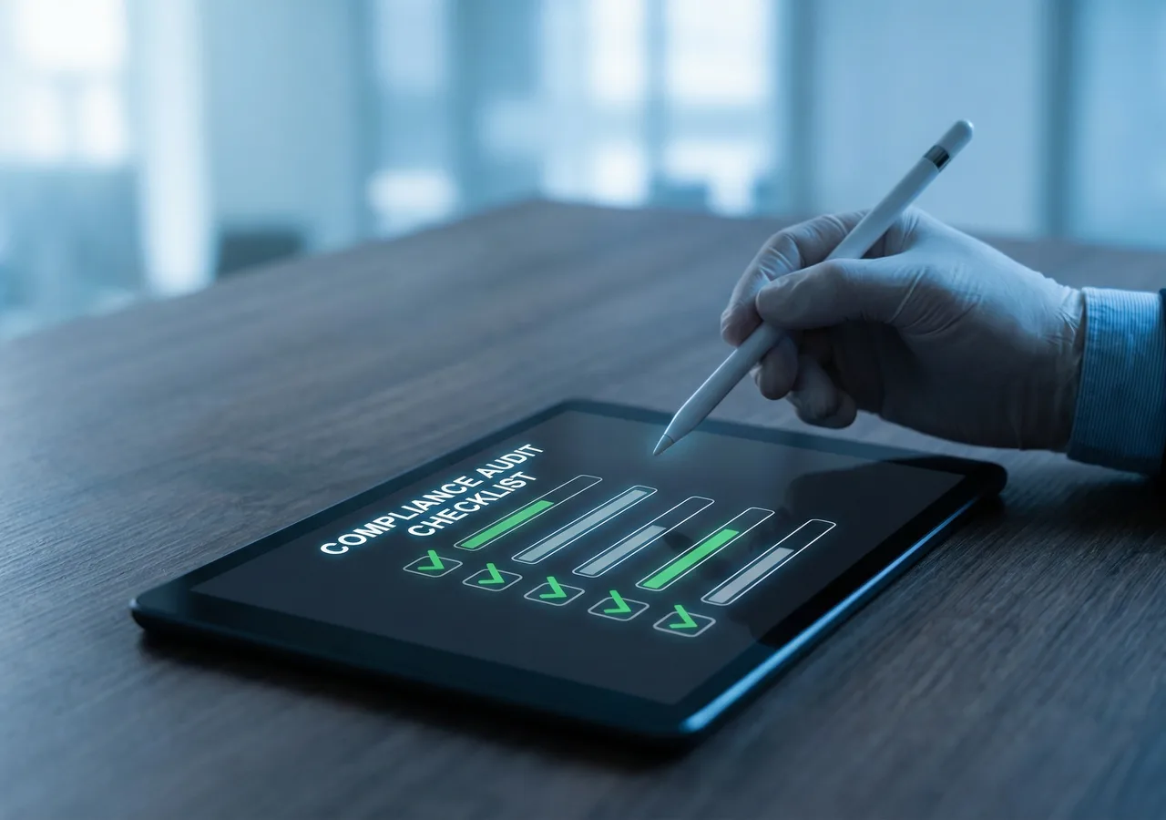 Hand mit Stylus auf Tablet mit Compliance-Audit-Checkliste